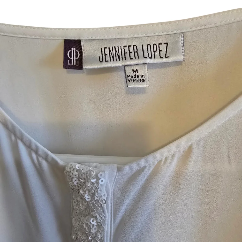 Jennifer Lopez White Beaded Trim Sheer Covered Button Down Blouse Size M - Picture 5 of 7